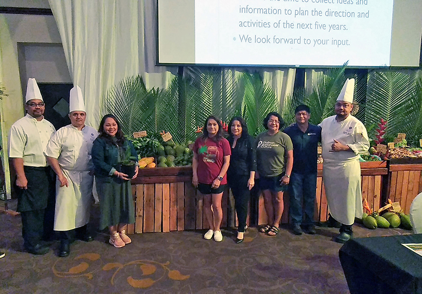 Chef Savio Xavier and Chef Mirko Agostini, both of Hyatt Regency Guam; Ursula Herrera, owner of ChamGlam Botanika; Kathrina Reyes, secretary/treasurer of the Farmers Cooperative Association of Guam; Mary P. Rhodes, president of the Guam Hotel &amp; Restaurant Association; Marlyn Oberiano, co-founder and vice president, Guahan Sustainable Culture; Jesse P. Bamba, Extension Agent II/Instructor of Plant Production, Cooperative Extension &amp; Outreach, University of Guam; and Chef Brendan Makahi of Hyatt. Maybelline Griffith, co-owner and Micah Griffith, beekeeper and co-owner, Hafa Adai Honey.