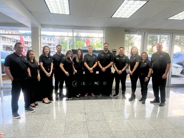 (From left) Vince Tudela, Saipan service manager; Loida Francia, CNMI operations manager, Toyota Rent a Car and Avis Budget Payless; Julie Lee, interim vice president and general manager, Dexter Brennan, parts supervisor, Kim Calage, Liza Taylor,  both sales associates, all with AK Saipan; Alex Yap, president, Atkins Kroll Inc.; Kevin Barnes, sales manager, Kevin Ada, Didi Woodruff, both sales associates, Larzie Estabillio, assistant manager, body shop, and William Packwood, sales associate, all with AK Saipan. 