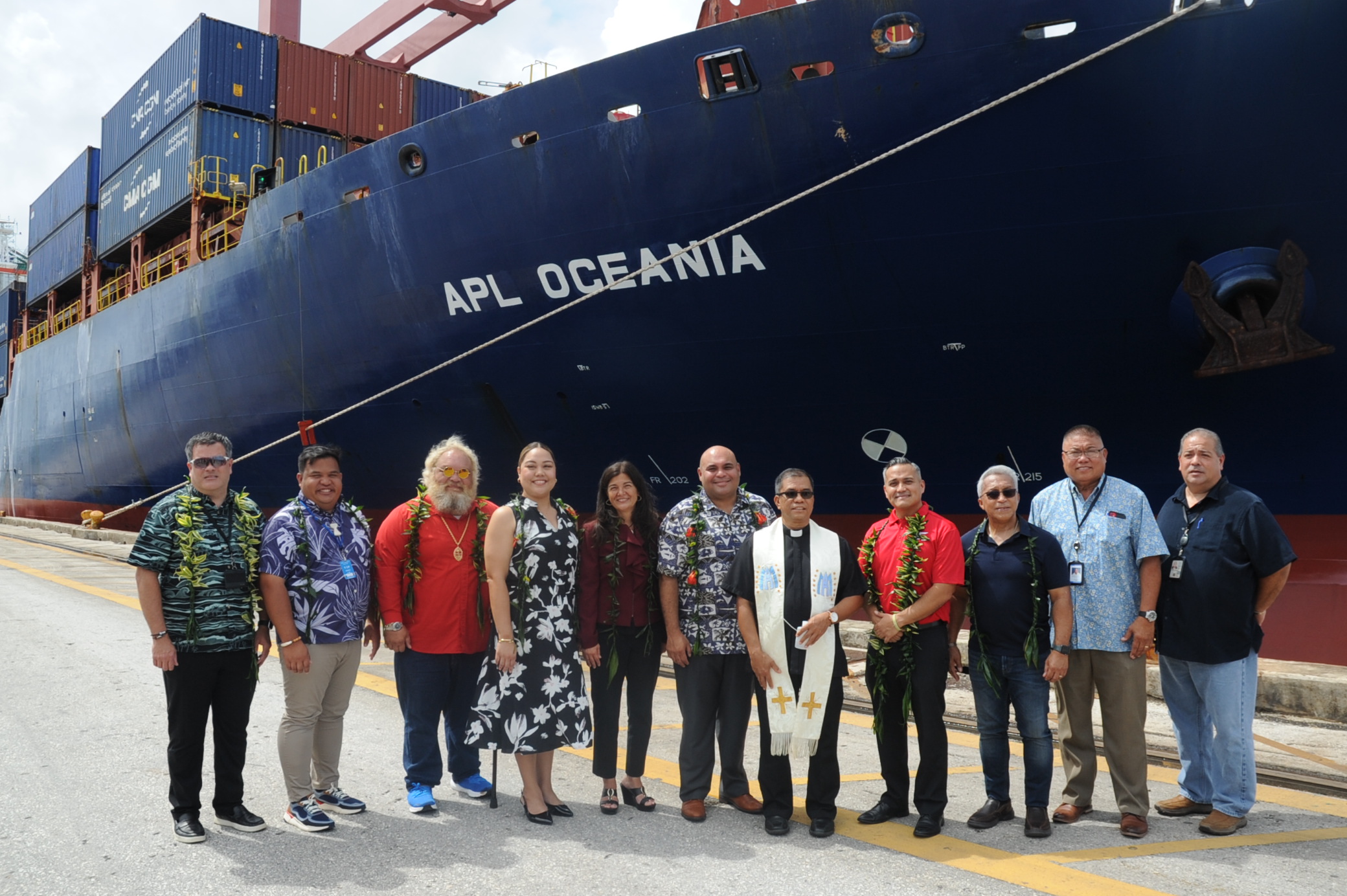 At the event were (from left) Rory Respicio, general manager of the port; Sen. Ray Quinata, Sen. Dwayne San Nicolas, Sen. Amanda Shelton, Sen. Therese Terlaje, speaker of the 37th Guam Legislature, Lt. Governor Joshua F. Tenorio;  Father Danilo B. Trajano of the Assumption of Our Lady church in Piti; Charlie Hermosa, general manager of APL; Sen. Jesse Lujan, Pacifico Maartir, deputy general manager for administration and finance, and Dominic Muna; deputy general manager for operations, both with the port. Photo by Justin Green