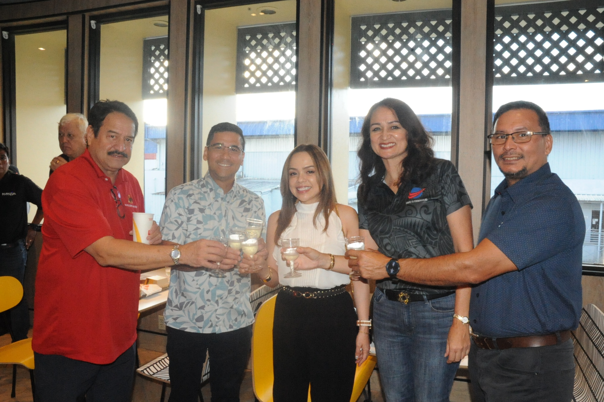 (From left) Frank S.N. Shimizu Jr., export manager for Ambros Inc.; Patrick Bulaon, vice president and general manager, Guam &amp; Micronesia for Matson Navigation Co.; Jennifer Bulaon, wife of Patrick; Yvonne Speight, general manager, Triple B Forwarders Inc.; and Joseph Quintanilla, card services officer, Bank of Guam.