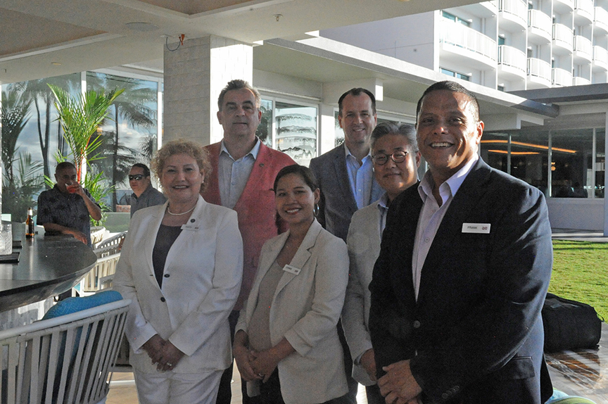 (From left rear) Thomas Mayrhofer, regional general manager; Bruce Gallie, director of Sales and Marketing; Joshua Choi, cluster director of Food and Beverage; and (from left front) Patty Couper, director of Rooms; Sunee Murphy, cluster marketing manager; and Frank Lujan, manager of Food &amp; Beverage, all with the Crowne Plaza Resort Guam.