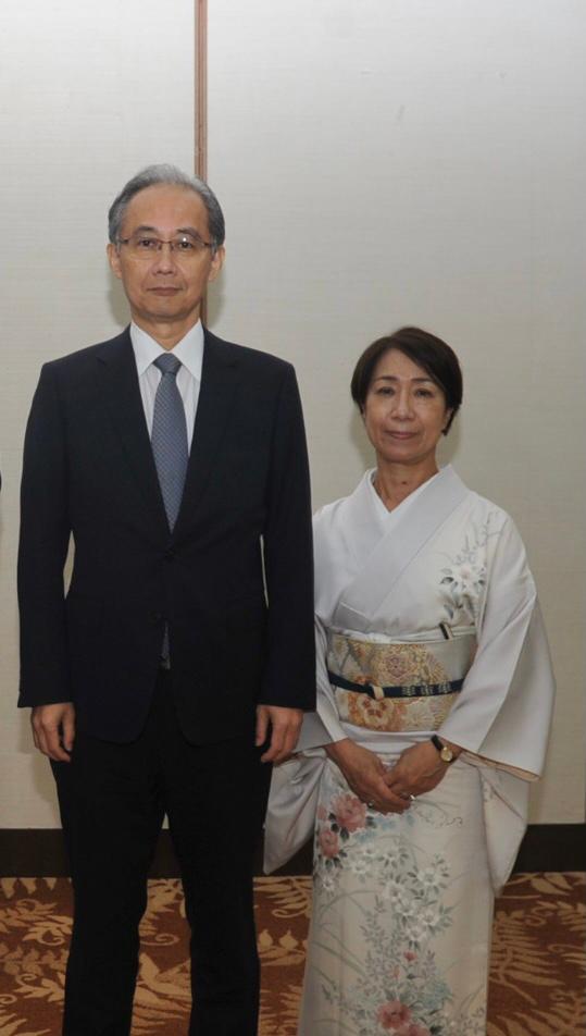 Consul-General Toshiaki Kobayashi is accompanied by his wife at the celebration of the birthday of His Majesty the Emperor of Japan at the Hotel Nikko Guam in Tumon on Feb. 23 