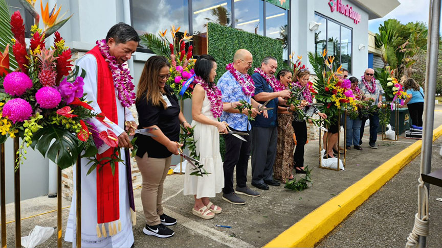 Rev. Dan Bien; Pita Contreras-Toves, store manager, Pay-Less Micronesia Mall; Jeselyn “Gigi” Tan Yu, president and managing director, Goodwind Development Corp.; Mike Benito, executive vice president and general manager, Pay-Less; Edward J.B. Calvo, former Governor of Guam; Clare Calvo; Marie Benito; Katherine R. Calvo, president and CEO, Pay-Less; Paul Calvo Jr.; Mayor Melissa B. Savares of Dededo; and Ralph Sgambelluri, representative, Office of James C. Moylan, Guam’s delegate to Congress.