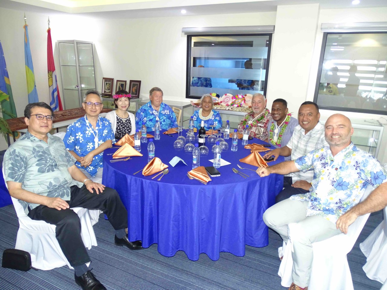 (From left) Japan Ambassador Kazunari Tanaka, Taiwan Ambassador Steve C.C. Hsia and his spouse, Les Clark; Dr. Sangaa Clark, CEO of the PNA Office, and wife of Les; Joseph “Jerry Kramer,” CEO of Pacific International Inc.; US Embassy Chargé Affaires Jeremiah Knight, Fred Nysta, grants manager for the U.S. Department of the Interior at the U.S. Embassy; Fred Nysta, and Australian Ambassador Brek Batley. 